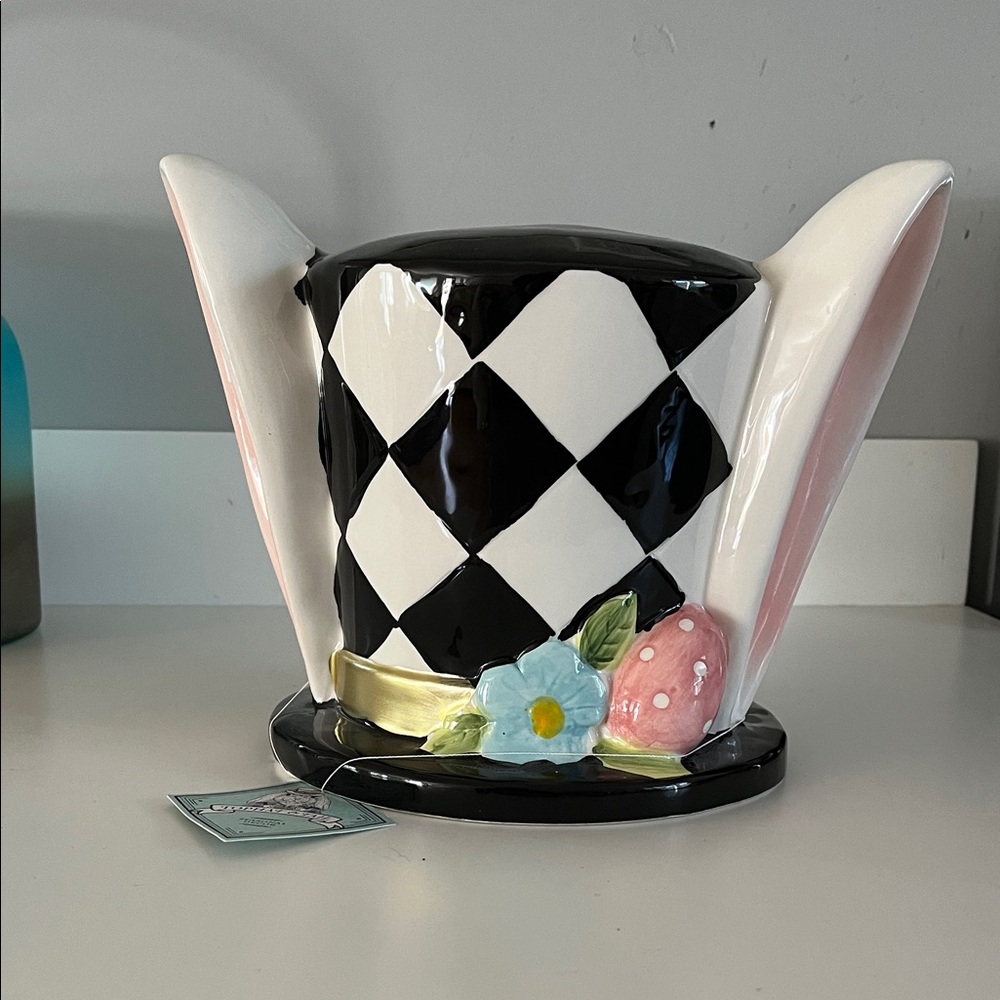 Decorative Black & White Harlequin Easter Bunny top Hat  with Pink Ears